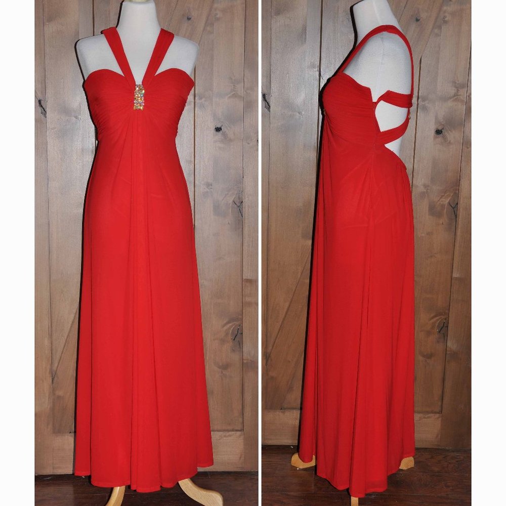 Vintage Red Evening Gown Sweetheart Neckline Criss Cross Straps & Open Back